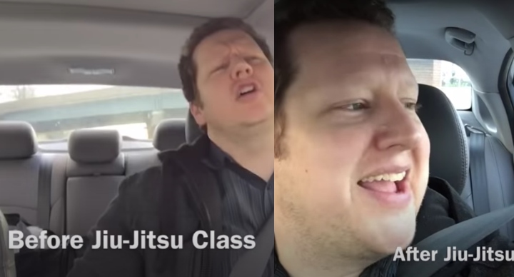 Un comédien debout fait un croquis hilarant sur la façon dont le Jiu-Jitsu soulage le stress