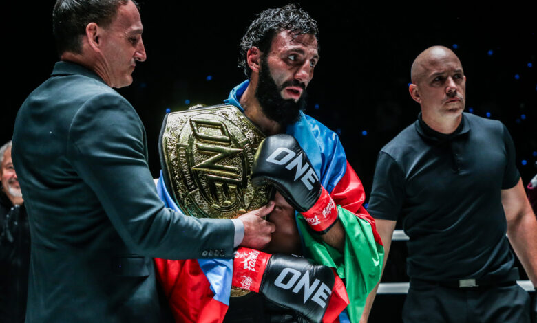 Chingiz Allazov with the ONE Featherweight Kickboxing World Title