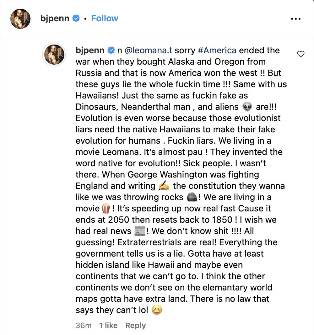 Commentaire de BJ Penn sur les réseaux sociaux