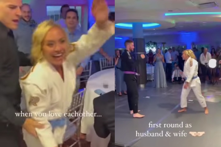 Un couple fait un match de Jiu-Jitsu à leur mariage