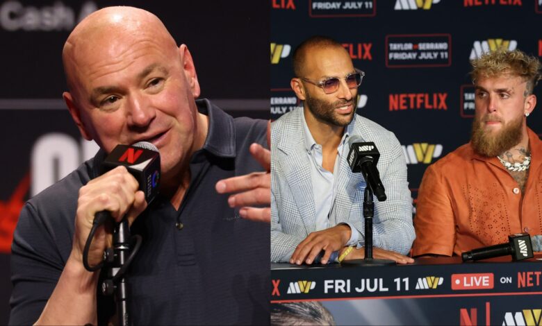 Dana White speaks at the Canelo-Crawford press conference, opposite Jake Paul and manager Nakisa Bidarian after Paul's win over Julio Cesar Chavez Jr.