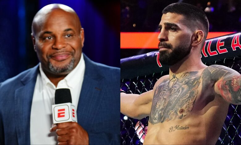 Daniel Cormier commentates cageside during Dana White's Contender Series, opposite Ilia Topuria entering the Octagon at UFC 317