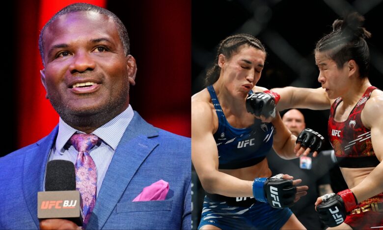Din Thomas commentates at a UFC BJJ event, opposite Zhang Weili punching Tatiana Suarez during their fight at UFC 312