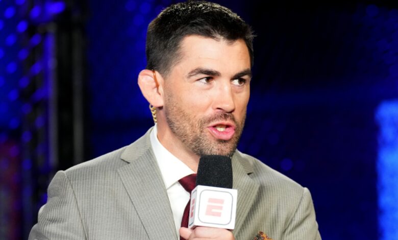 Dominick Cruz commentates cageside during a UFC event at the Apex