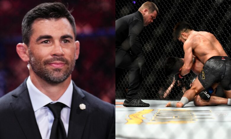 Dominick Cruz commentates cageside at UFC 318, opposite Henry Cejudo punching Cruz at UFC 249