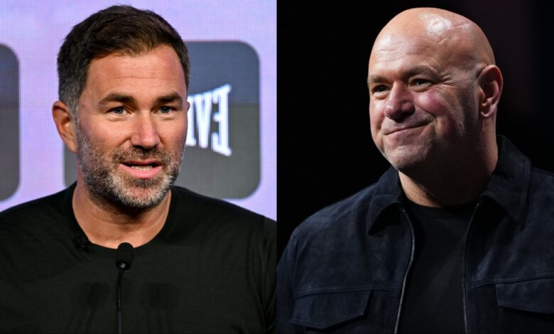 Eddie Hearn speaks at a press conference, opposite Dana White on stage at a media event