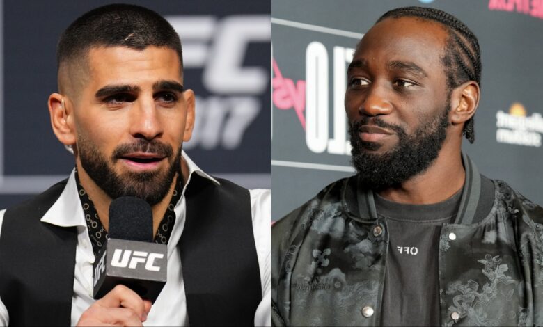 Ilia Topuria answers a question during the UFC 317 press conference, opposite Terence Crawford during a media day interview