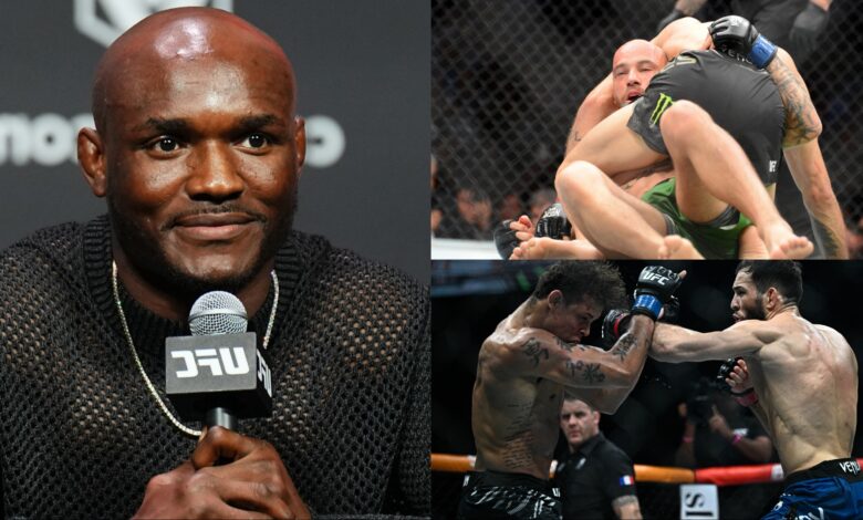 Kamaru Usman speaks during the UFC 294 press conference, opposite Jean Silva grappling with Diego Lopes, and Nassourdine Imavov punching Caio Borralho
