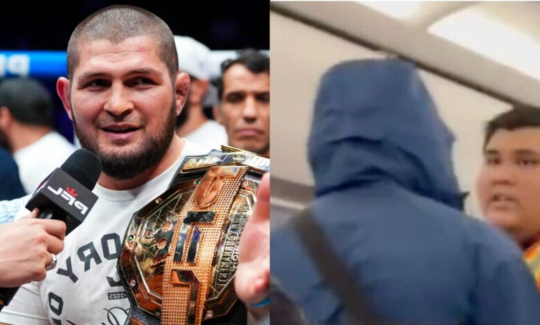 Khabib Nurmagomedov holds a PFL belt, opposite Nurmagomedov being removed from a Frontier Airlines flight