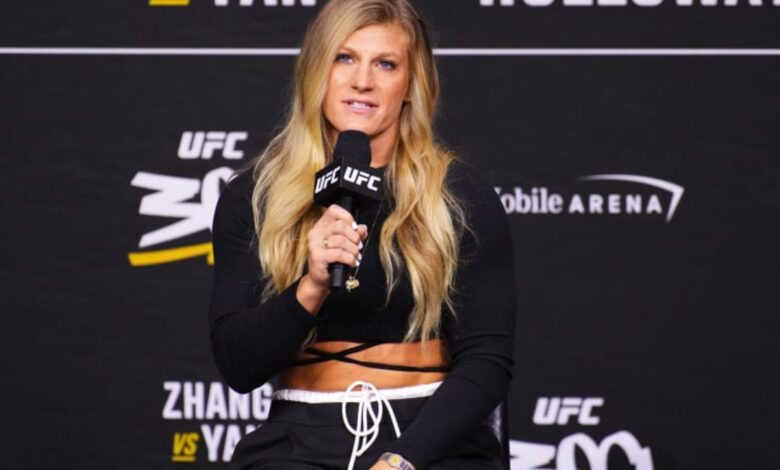 Kayla Harrison speaks to reporters