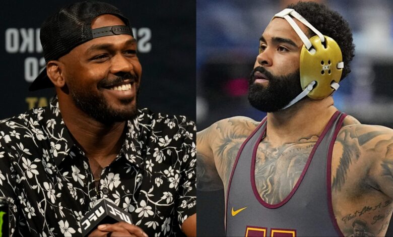 Jon Jones appears at a UFC 285 press conference, opposite Gable Steveson at the 2025 NCAA Wrestling Championships