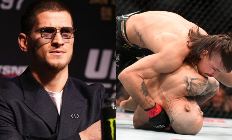 Movsar Evloev appears at the UFC 297 press conference, opposite Diego Lopes wrestling Jean Silva at Noche UFC