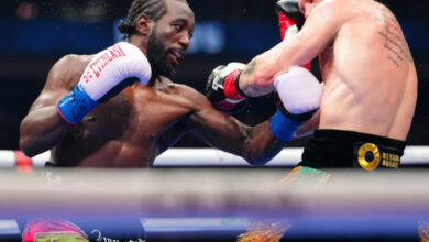 Terence Crawford lands body punch on Canelo Alvarez