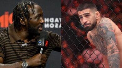Terence Crawford speaks at a pre-fight press conference, opposite Ilia Topuria in the cage at UFC 317