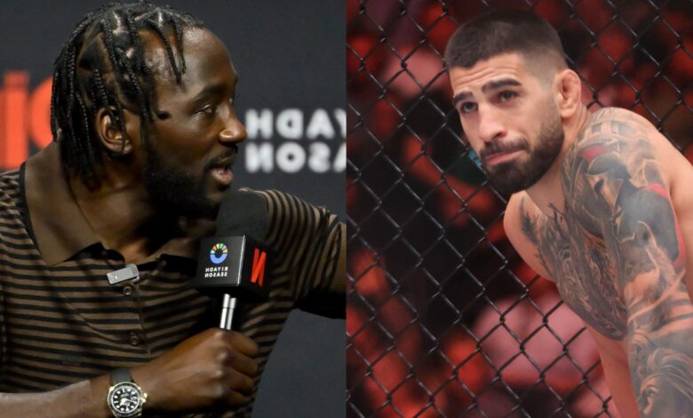 Terence Crawford speaks at a pre-fight press conference, opposite Ilia Topuria in the cage at UFC 317