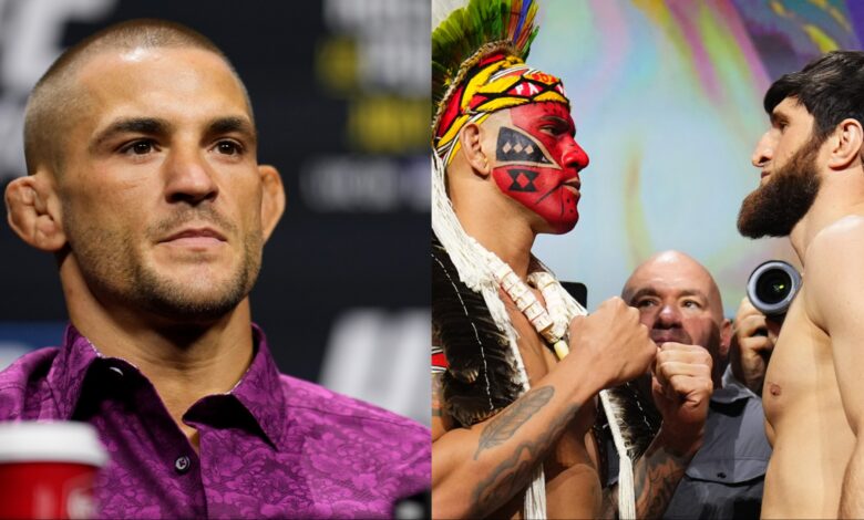 Dustin Poirier appears at the UFC 318 press conference, opposite Alex Pereira and Magomed Ankalaev facing off at the UFC 313 ceremonial weigh-in