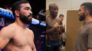 Patricio 'Pitbull' Freire enters the Octagon for his fight at UFC 318, opposite Freire and Losene Keita speaking backstage at the UFC Paris weigh-in