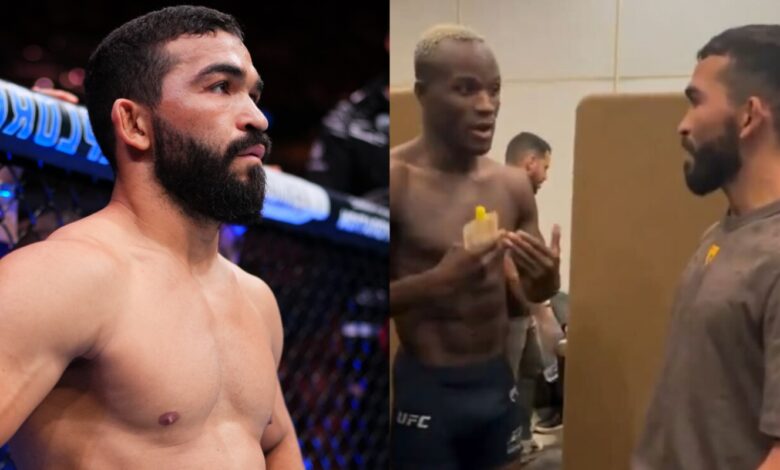 Patricio 'Pitbull' Freire enters the Octagon for his fight at UFC 318, opposite Freire and Losene Keita speaking backstage at the UFC Paris weigh-in