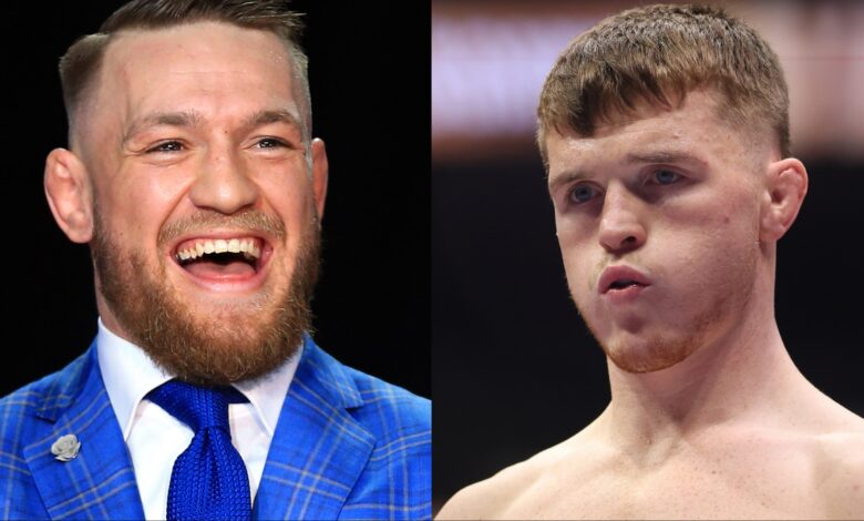 Conor McGregor appears at a press conference, opposite Paul Hughes in the PFL SmartCage
