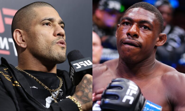Alex Pereira speaks during a Q+A at UFC Sao Paulo, opposite Joaquin Buckley entering the cage at UFC Atlanta
