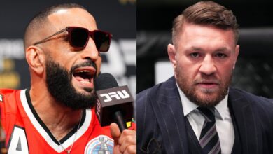Belal Muhammad speaks at the UFC 315 press conference, opposite Conor McGregor on the set of The Ultimate Fighter 31