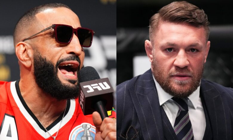 Belal Muhammad speaks at the UFC 315 press conference, opposite Conor McGregor on the set of The Ultimate Fighter 31