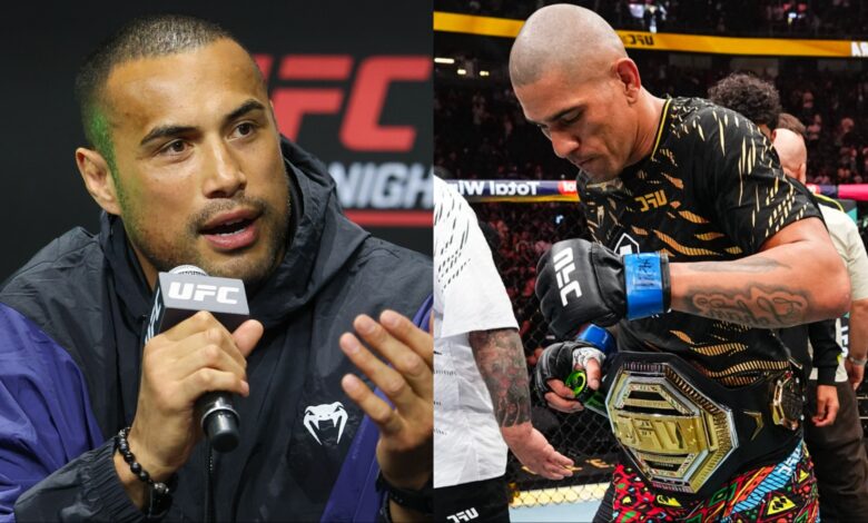 Carlos Ulberg speaks during a UFC Perth press conference, opposite Alex Pereira celebrating after his win at UFC 320