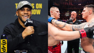 Ciryl Gane appears at a UFC 321 press conference, opposite Tom Aspinall embracing Sergei Pavlovich before their fight at UFC 295