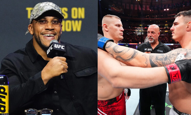 Ciryl Gane appears at a UFC 321 press conference, opposite Tom Aspinall embracing Sergei Pavlovich before their fight at UFC 295