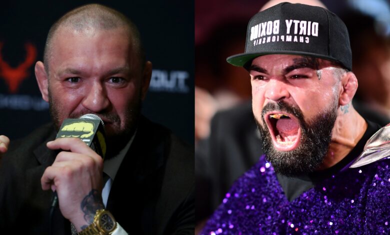 Conor McGregor speaks at a BKFC press conference, opposite Mike Perry walking to the ring for his boxing match against Jake Paul