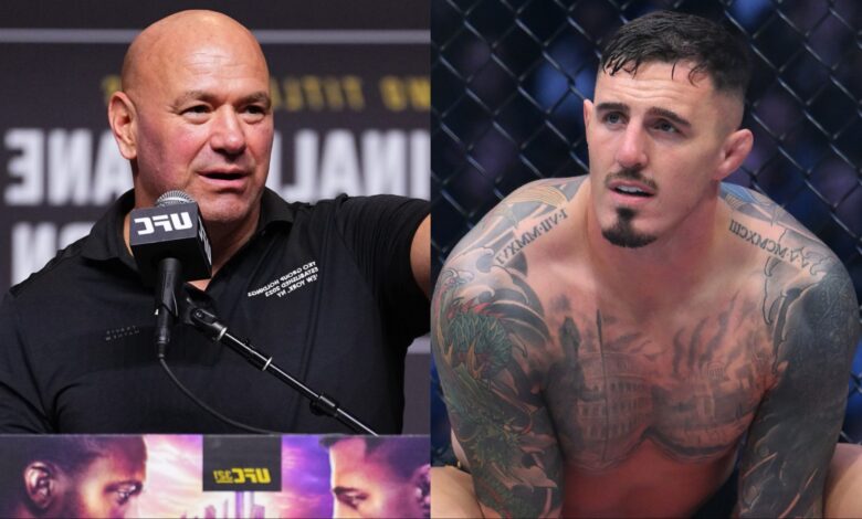 Dana White speaks at the UFC 321 pre-fight press conference, opposite Tom Aspinall in the Octagon at UFC 304