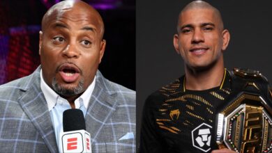 Daniel Cormier commentates cageside at UFC 319, opposite Alex Pereira after his title win at UFC 320