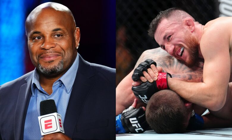 Daniel Cormier commentates at a Dana White's Contender Series event, opposite Merab Dvalishvili grappling Cory Sandhagen at UFC 320