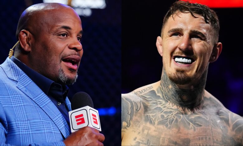 Daniel Cormier commentates cageside at UFC 321, opposite Tom Aspinall in the Octagon