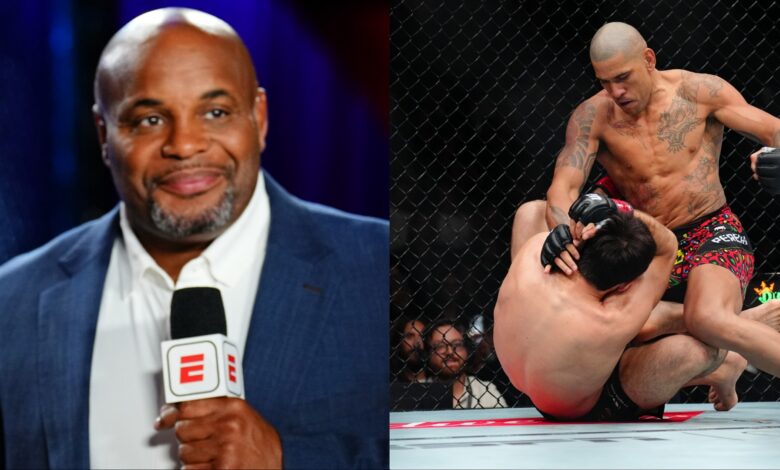 Daniel Cormier commentates during Dana White's Contender Series, opposite Alex Pereira punching a grounded Magomed Ankalaev