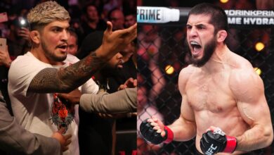 Dillon Danis interacts with security at UFC 229, opposite Islam Makhachev after his win at UFC 311