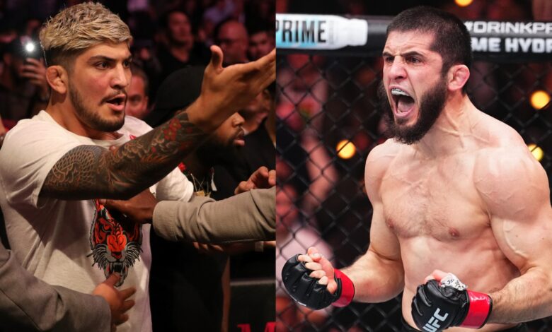 Dillon Danis interacts with security at UFC 229, opposite Islam Makhachev after his win at UFC 311