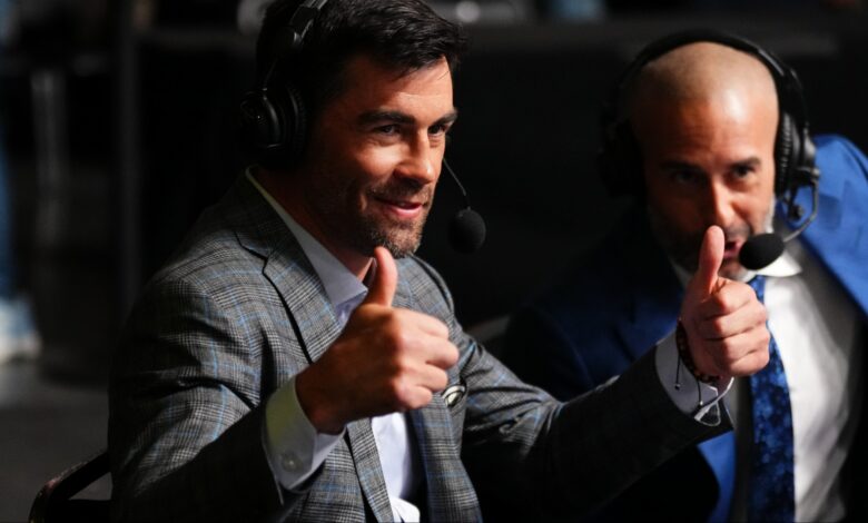 Dominick Cruz reacts while commentating a UFC event at the UFC Apex in Las Vegas