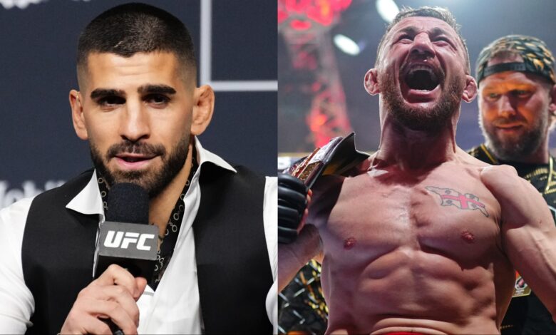 Ilia Topuria speaks during the UFC 317 press conference, opposite Merab Dvalishvili celebrating after UFC 320