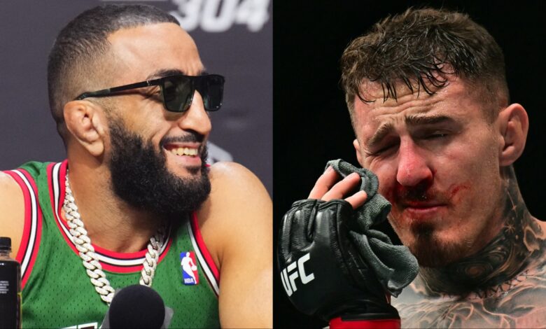 Belal Muhammad appears at the UFC 304 press conference, opposite Tom Aspinall at UFC 321