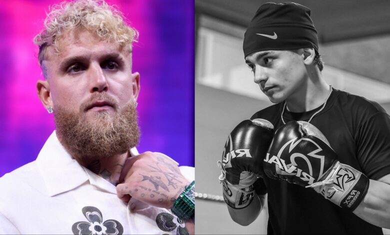Jake Paul appears at a press conference, opposite Arturo Gatti Jr.
