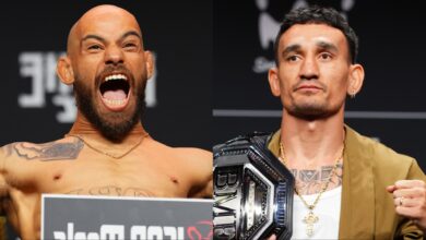 Jean Silva poses on the scale during the Noche UFC 3 ceremonial weigh-in, opposite Max Holloway holding the BMF belt at the UFC 318 press conference