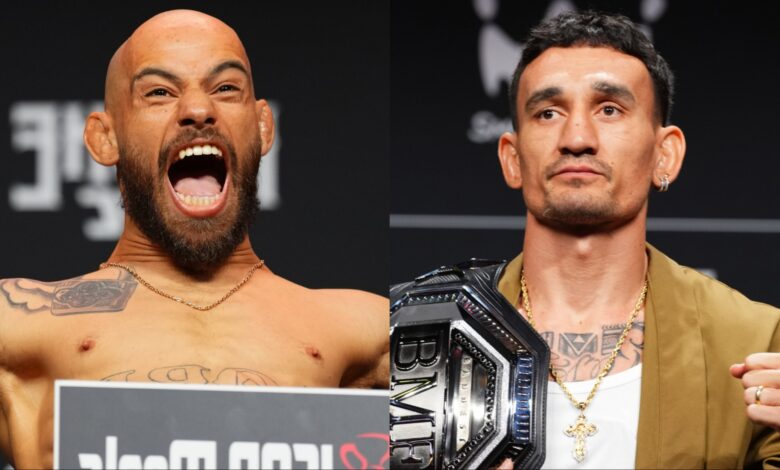 Jean Silva poses on the scale during the Noche UFC 3 ceremonial weigh-in, opposite Max Holloway holding the BMF belt at the UFC 318 press conference
