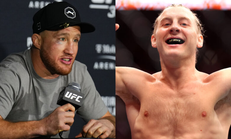 Justin Gaethje speaks at the UFC 313 post-fight press conference, opposite Paddy Pimblett in the Octagon at UFC 314