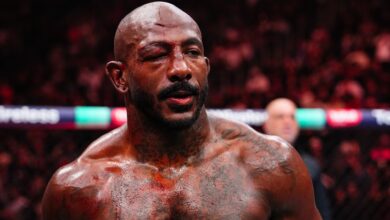 Khalil Rountree Jr. reacts in the cage following his loss to Jiri Prochazka at UFC 320