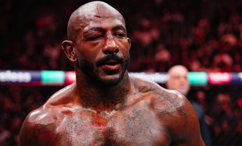 Khalil Rountree Jr. reacts in the cage following his loss to Jiri Prochazka at UFC 320