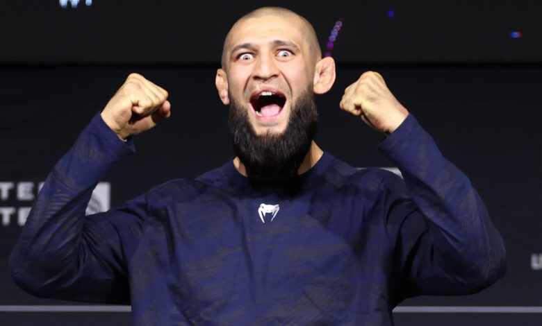 Khamzat Chimaev reacts during a UFC 319 press conference