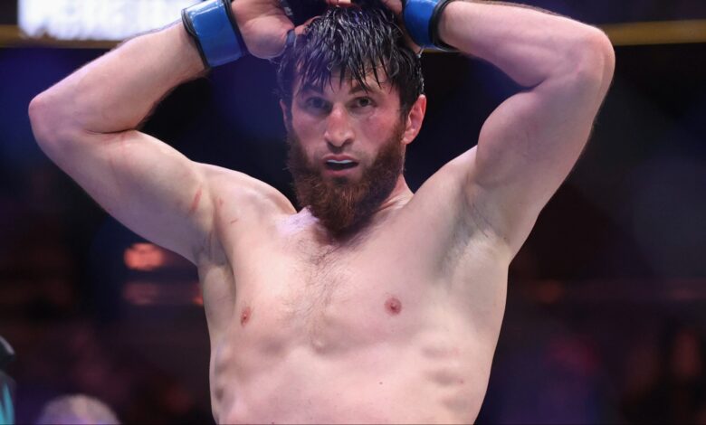 Magomed Ankalaev reacts following Round 5 of his fight at UFC 313