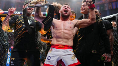 Merab Dvalishvili celebrates UFC 320 win
