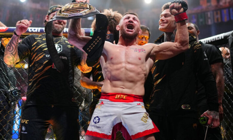 Merab Dvalishvili celebrates UFC 320 win